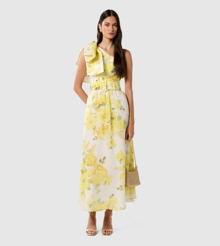 LISA Printed One Shoulder Ruffle Midi Dress